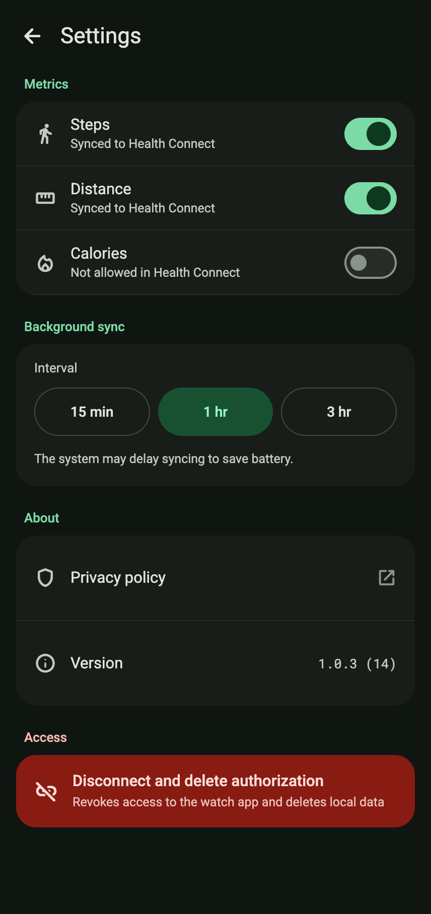 Health Bridge, settings screen